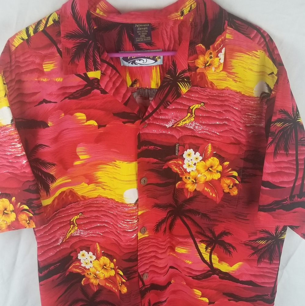 Palmwave Hawaii Aloha Red Palms Sunset Button Up
